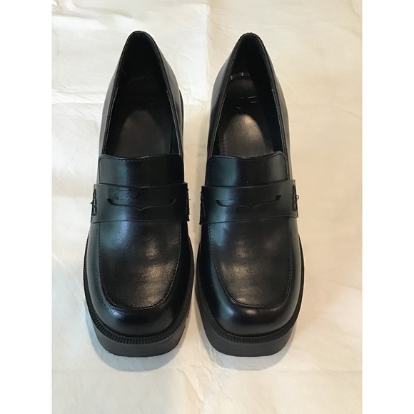 jf j.ferrar Shoes - JF Black Leather Chunky Platform Y2K Lug Sole Penny Loafer Heels